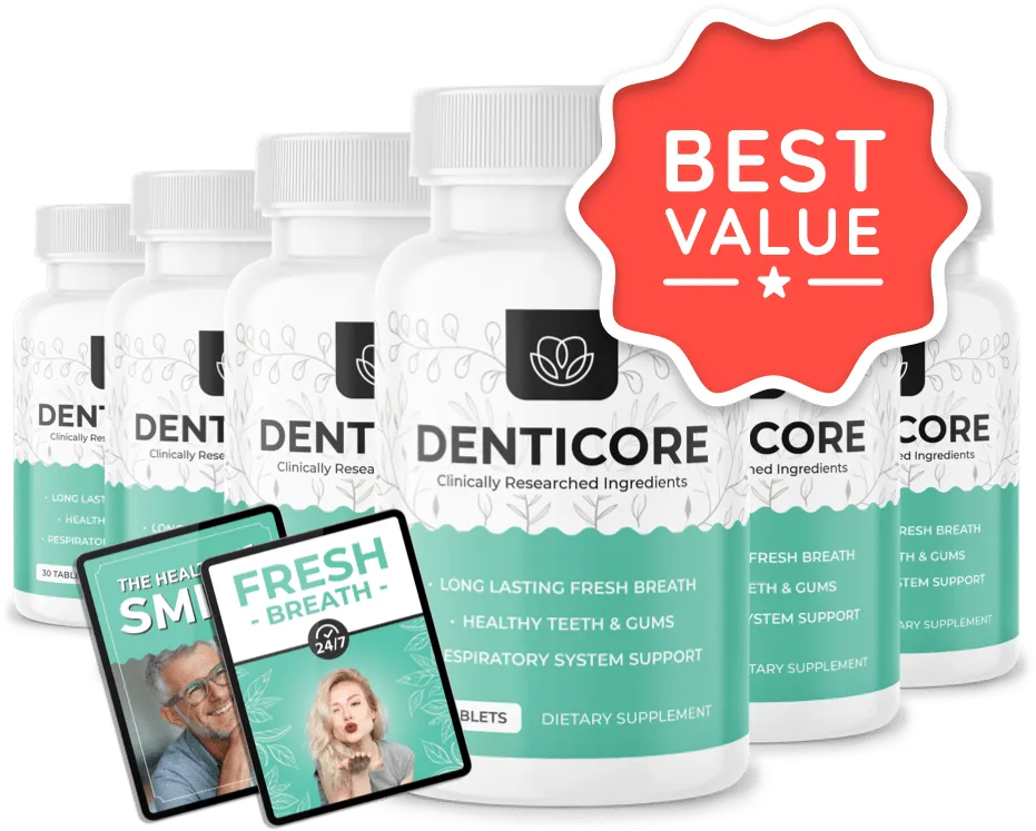 DentiCore six-bottle package with depicted bonus guides